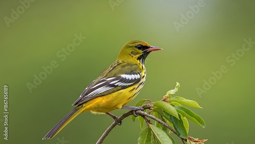 Yellow bird perched on branch outdoors.