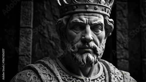 Ultra detailed stone bust of a medieval king, realistic marble veins, dramatic rim light, black and white​