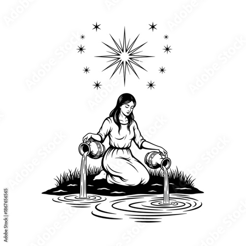 The Star Tarot Card: Esoteric Symbolism, Woman Pouring Water, Vintage Illustration