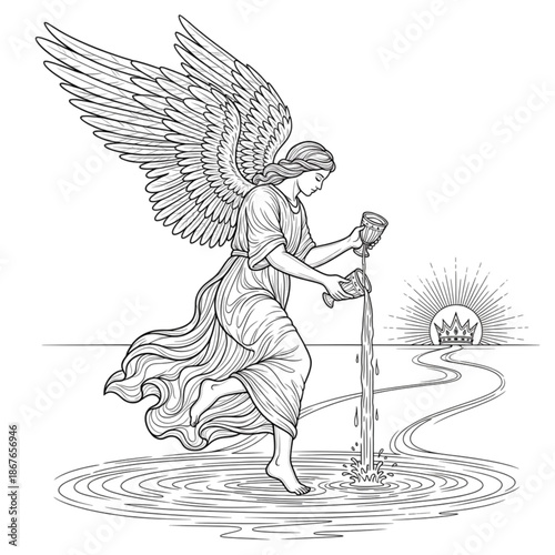 Angel Pouring Water: Esoteric Tarot Card Art, Spiritual Symbolism, Mystical Line Art Illustration, Winged Figure, New Age Design, Contemplative Artwork