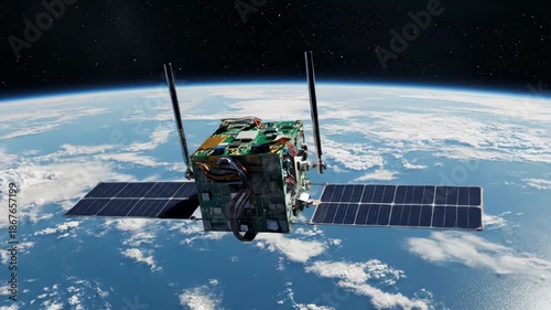Modern nanosatellite deploying from spacecraft into Earth orbit. Concept of advanced space technology