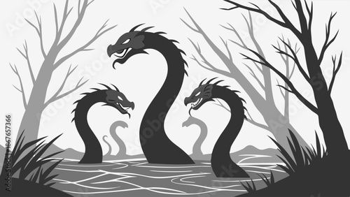 Mysterious Three-Headed Sea Serpent Emerging from Dark Swamp Water for Fantasy Horror Website Design or Folklore Illustration