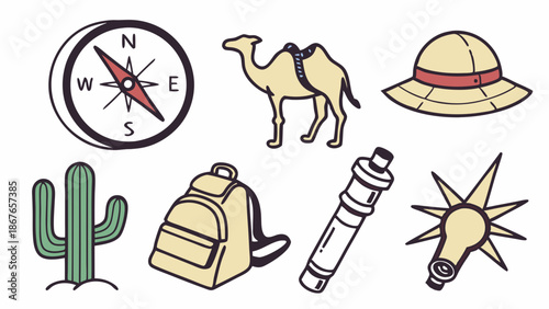 Desert Travel Adventure Icons Set Camel Cactus Compass for Safari Exploration and Expedition Web Design