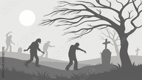 Spooky Zombie Horde Crawling from Graveyard at Night for Halloween Horror Movie Promotion or Seasonal Web Design Background