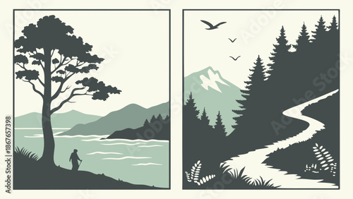 Serene Wilderness Landscape Vector Art for Travel Brochures Hiking Adventure Banners Nature Backgrounds Calm Mood