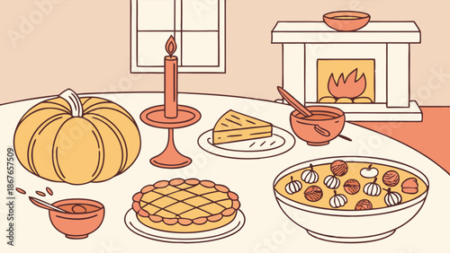 Cozy Autumn Harvest Dinner Table Setting with Pumpkin Pie and Candlelight for Holiday Celebrations and Seasonal Food Blog Promotion