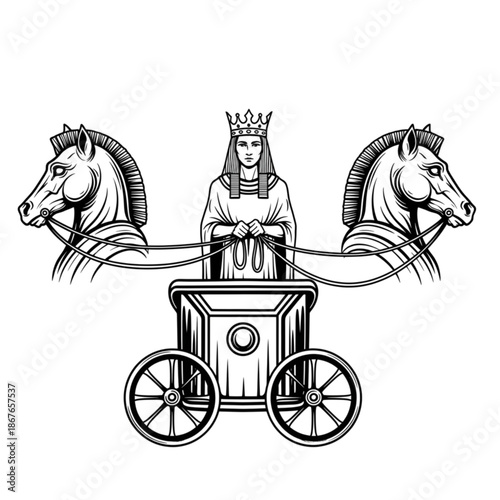 Chariot Tarot Card Illustration: Esoteric Symbolism, Arcana, Fortune Telling, Occult Art, Vintage Style, Black and White, Mystical, Destiny, Spiritual Journey