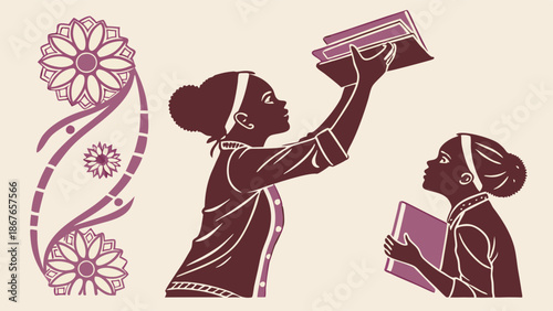 African American Girls Reaching for Books on Library Shelf Promoting Literacy Education and Knowledge Growth