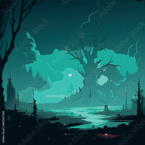 A mysterious moonlit forest with glowing teal fog, twisted barren trees, and a quiet swamp reflecting soft light, atmospheric fantasy illustration