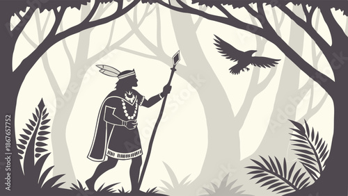 Indigenous Warrior Hunter with Spear and Eagle in Dense Jungle Forest for Adventure Travel and Cultural History Design