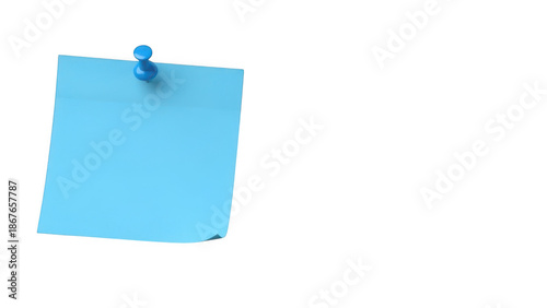 Blue post-it note with pushpin, isolated on transparent background