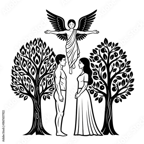 Arcane Union: Adam and Eve, Angel, Tree of Life - Esoteric Symbolism, Black and White Mystical Illustration
