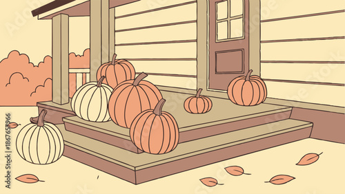 Autumn Harvest Pumpkins Decorating Front Porch Stairs for Seasonal Home Decoration and Holiday Advertising Design