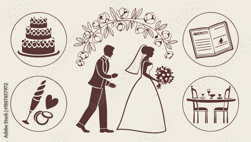 Wedding Planning Icons Surrounding Happy Bride and Groom Couple Celebrating Marriage Ceremony and Reception Details