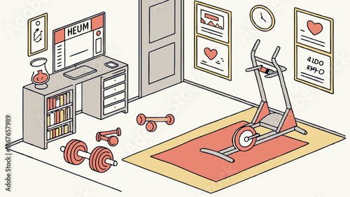 Home Gym Setup with Weights and Elliptical Machine for Fitness Lifestyle and Wellness Content Design