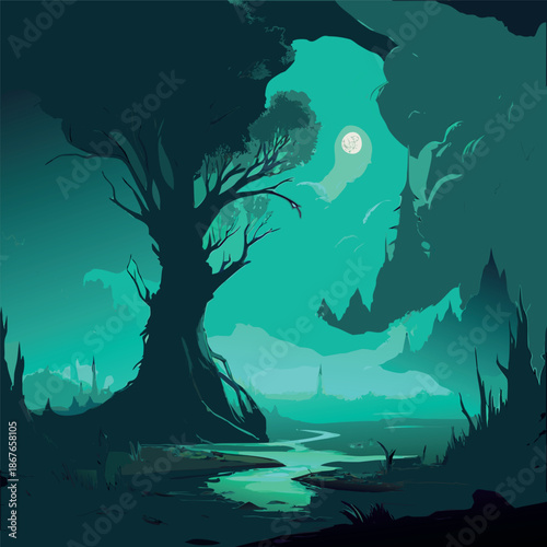 A mysterious moonlit forest with glowing teal fog, twisted barren trees, and a quiet swamp reflecting soft light, atmospheric fantasy illustration