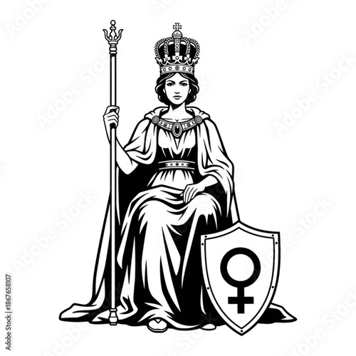 Queen, Symbol of Womanhood, Feminine Power, Esoteric Arcana, Black and White Vector