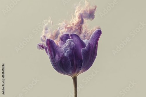 Purple tulip with smoke on light beige background. 