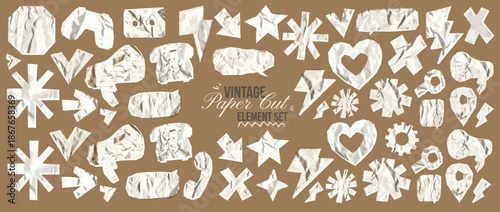 Vintage Beige Paper Cut Halftone Element Set, Bold Retro Shapes for Collage Design, Crumpled Lined and Grid Notebook Textures, Irregular Ripped Scrapbook Newspaper Silhouettes