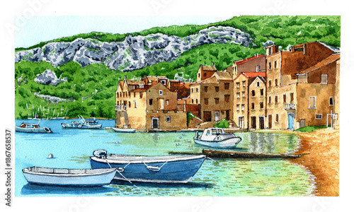 Ink and Watercolor sketch of a seaside, Komiza, Croatia