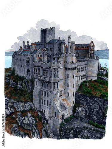 Ink and Watercolor sketch of St Michaels Mount, Cornwall