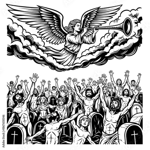 Angel Trumpet Call, Resurrection Scene, Esoteric Symbolism, Arcana Illustration, Tattoo Design, Spiritual Awakening, Judgement Day Art, Vector Graphic