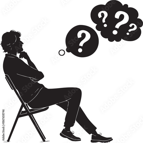 Man sitting in contemplation with question marks and 'Que Ton Mark' thought bubbles