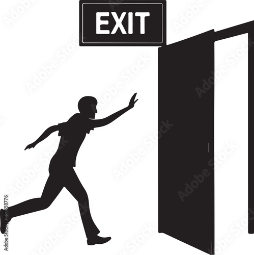 Man running towards open exit door for freedom and new opportunities