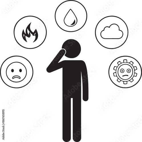 Person overwhelmed by various elements and emotions