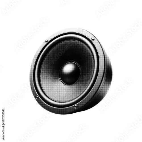 Loudspeaker cone close-up in black halftone dot style on white background. Audio sound system illustration for music, technology, media, vibration, and modern graphic design.