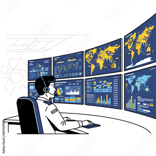 global logistics operator monitoring shipment routes on digital screens for business blogs, transport websites, tech presentations, supply chain awareness, with copy space