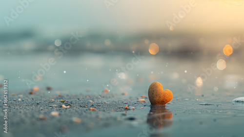 Heart shaped stone standing on wet sand beach with sparkling bokeh background during sunset.