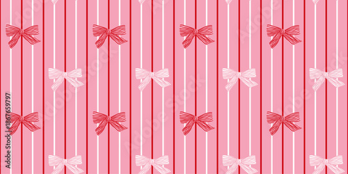 Coquette Seamless Pattern Hand Drawn Red and White Bows on Vertical Stripes Background. Holiday festive print for wrapping paper. Christmas and Valentines day. Vector illustration art