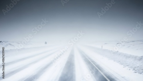 An empty highway disappearing into a whiteout blizzard during heavy snowfall. Concept of dangerous winter road conditions and poor visibility for travelers.