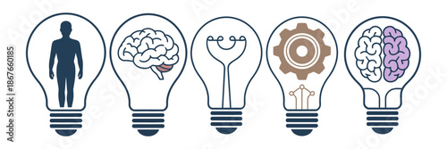 Innovation icon set featuring light bulb with cog and brain inside, inspiration symbols designed as vector illustration for creativity concepts, technology ideas, startup projects, and modern business