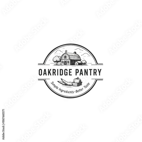 Minimalist Vintage Farm Pantry Logo with Barn Illustration – Perfect for Grocery Store, Pantry Brand, Organic Food Products, and Farm Shop Identity