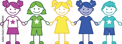 Colorful happy children holding hands illustration, friendship, unity and diversity, joyful kids characters, education and community concept