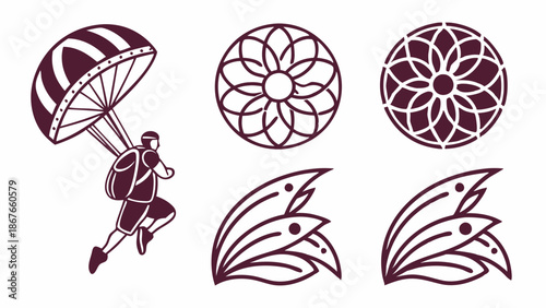 Parachutist Skydiving Extreme Sport Icon Set Vintage Tattoo Design for Adventure Apparel Logos