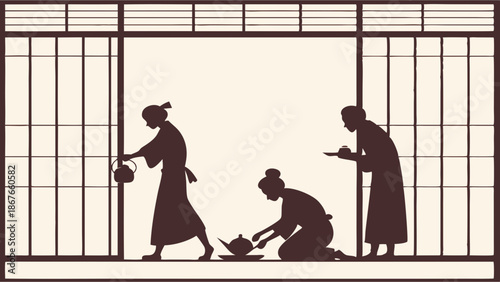 Traditional Japanese Tea Ceremony Silhouettes Serving Guests for Cultural Event Promotion or Zen Relaxation Website Design