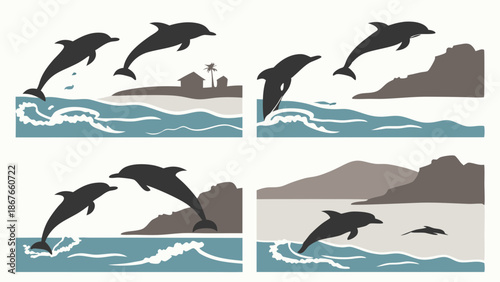 Dolphins Leaping Over Ocean Waves Near Tropical Beach Coastline for Travel Vacation and Wildlife Design