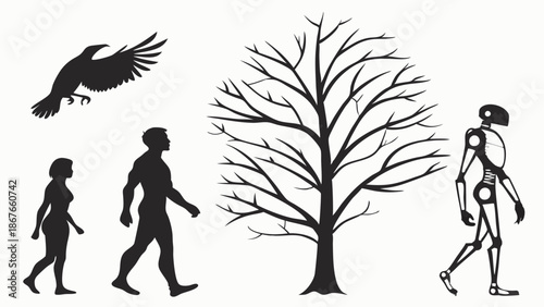 Evolution of Life Forms Humanoid Robot Bird Tree Silhouettes for Technology Progress and Natural Growth Comparison Design Element