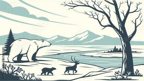 Polar Bear and Cub Walking Past Reindeer in Snowy Arctic Landscape for Winter Ecology Web Design or Seasonal Book Illustration