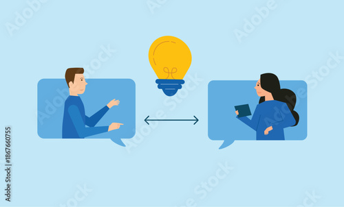 business colleagues exchanging lightbulb idea through chat bubbles symbolizing communication collaboration teamwork and creative discussion process