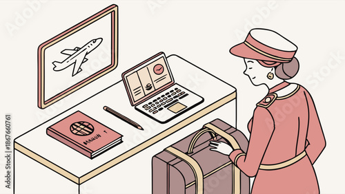 Airline Agent Checking Passenger Passport and Luggage at Check-in Counter for Travel Booking