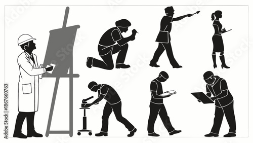 Diverse Professionals Working Silhouettes Scientist Artist Surveyor Documenting Research for Web Design and Presentations