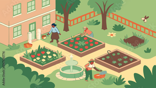 Diverse Community Gardeners Tending Raised Vegetable Beds Outdoors for Healthy Summer Harvest Web Design Illustration