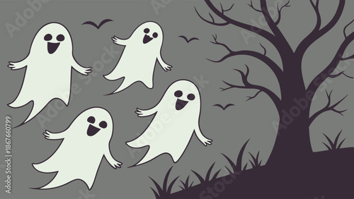 Four Cute Happy Ghosts Floating Near Spooky Haunted Tree for Halloween Holiday Party Invitation or Seasonal Web Banner Design