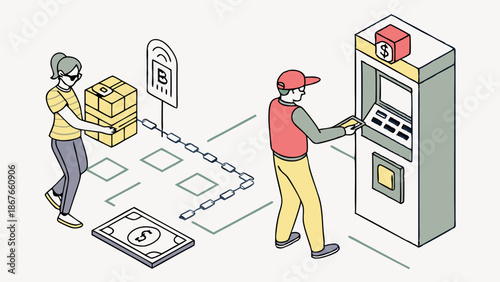 Customer Paying for Package Delivery at Cryptocurrency ATM with Blockchain Tracking for Secure E-commerce Logistics