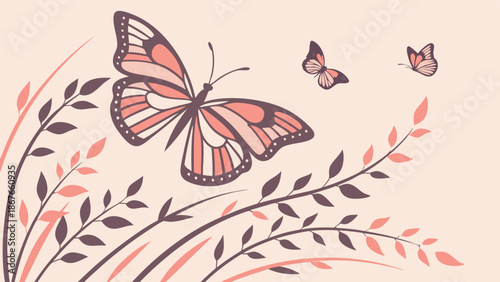 Delicate Pink Butterfly Fluttering Over Elegant Floral Foliage for Spring Beauty Spa Wedding Invitation Design