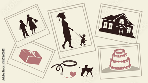 Life Milestones Collage Silhouettes Celebrating Family Education Home Wedding Pet Memories for Personal Finance Planning or Lifestyle Blogs